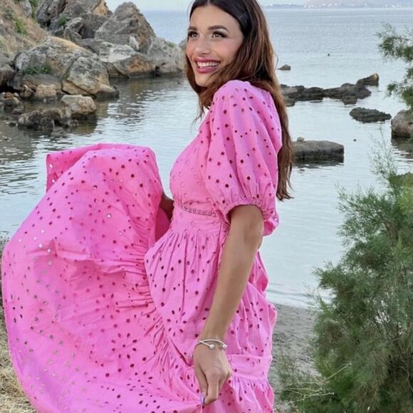 ZARA OPENWORK EMBROIDERED DRESS EYELET PINK NEW Barbiecore Barbie Core - Picture 1 of 7